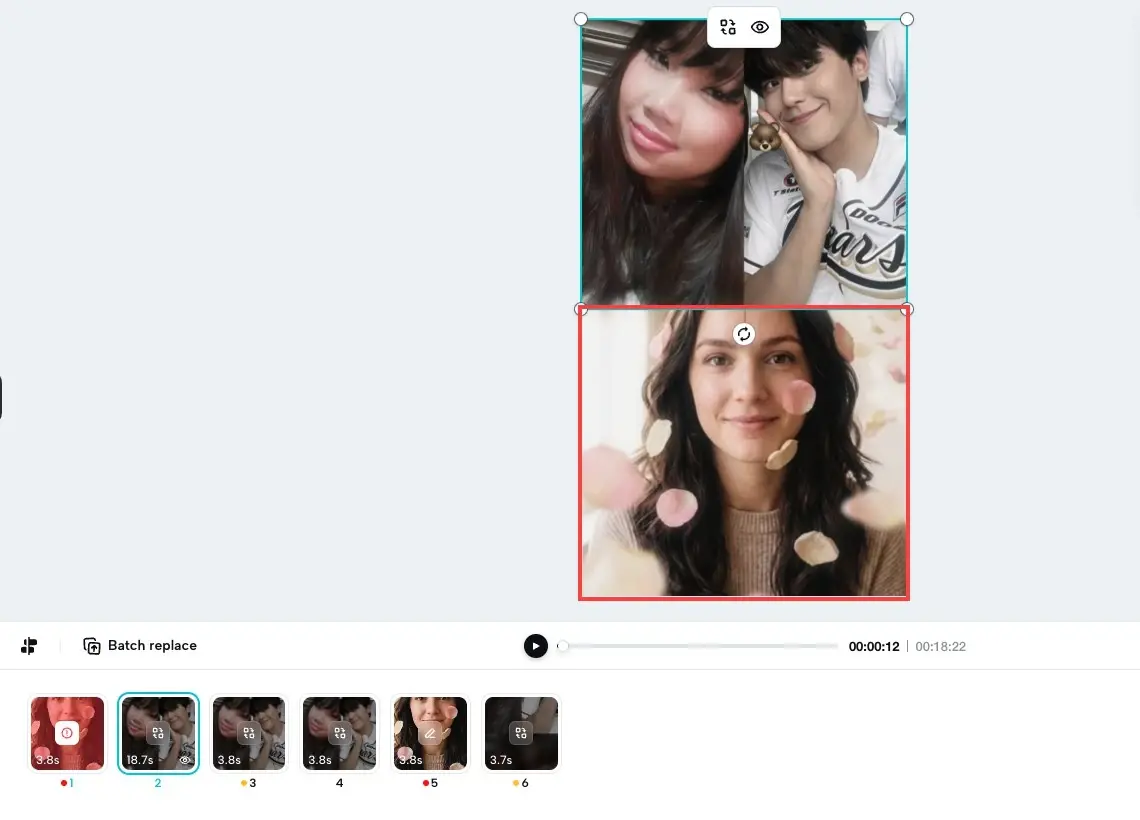 CapCut Web Editor shows two stacked portrait photos selected in the canvas and a clip timeline below