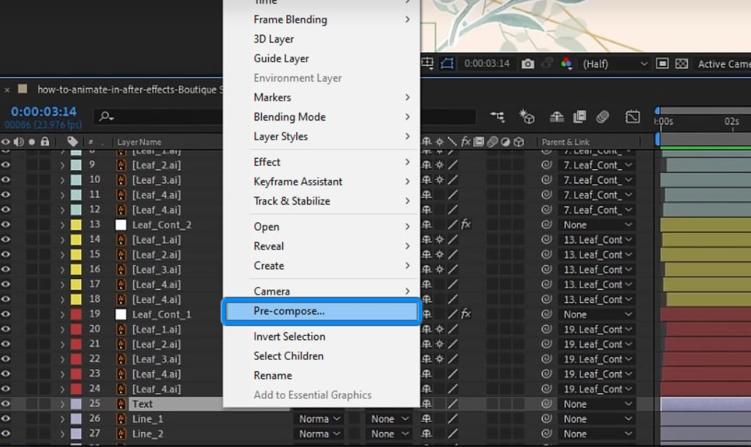 Screenshot of Pre-composing the text layer in After Effects