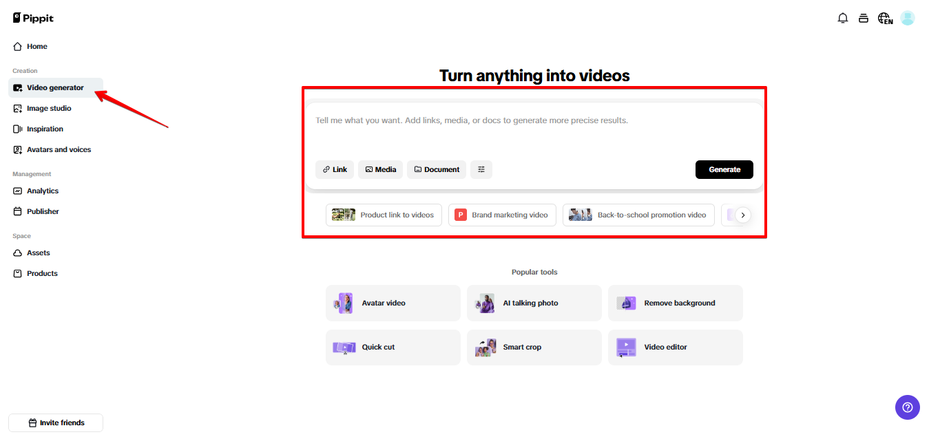 Gerador de vídeos no Pippit