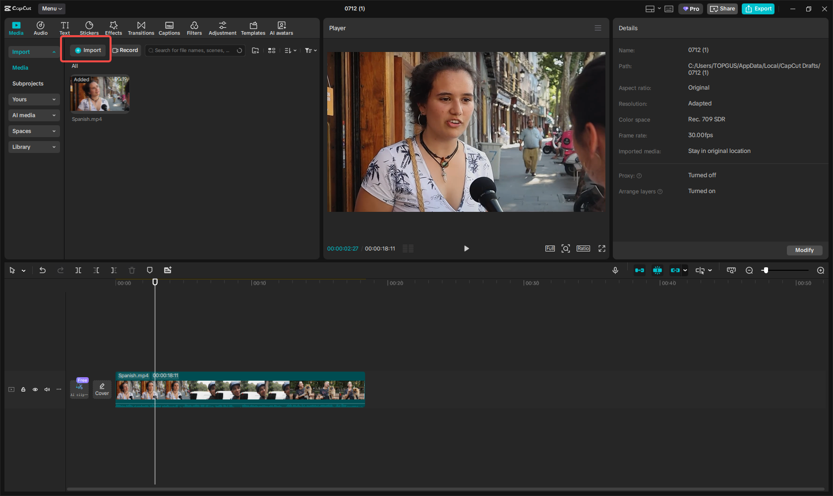 Import a Spanish-language video