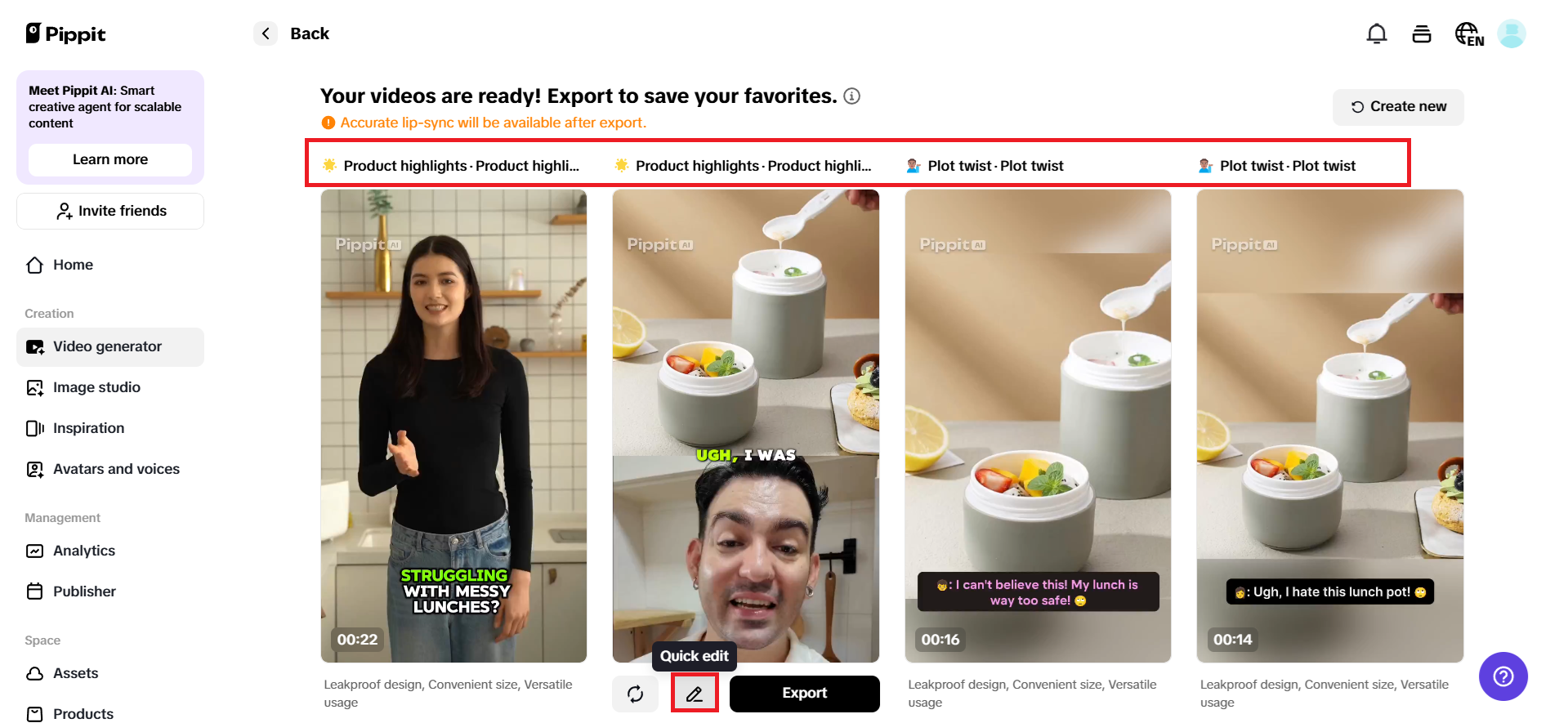 Preview generated videos and choose Quick edit