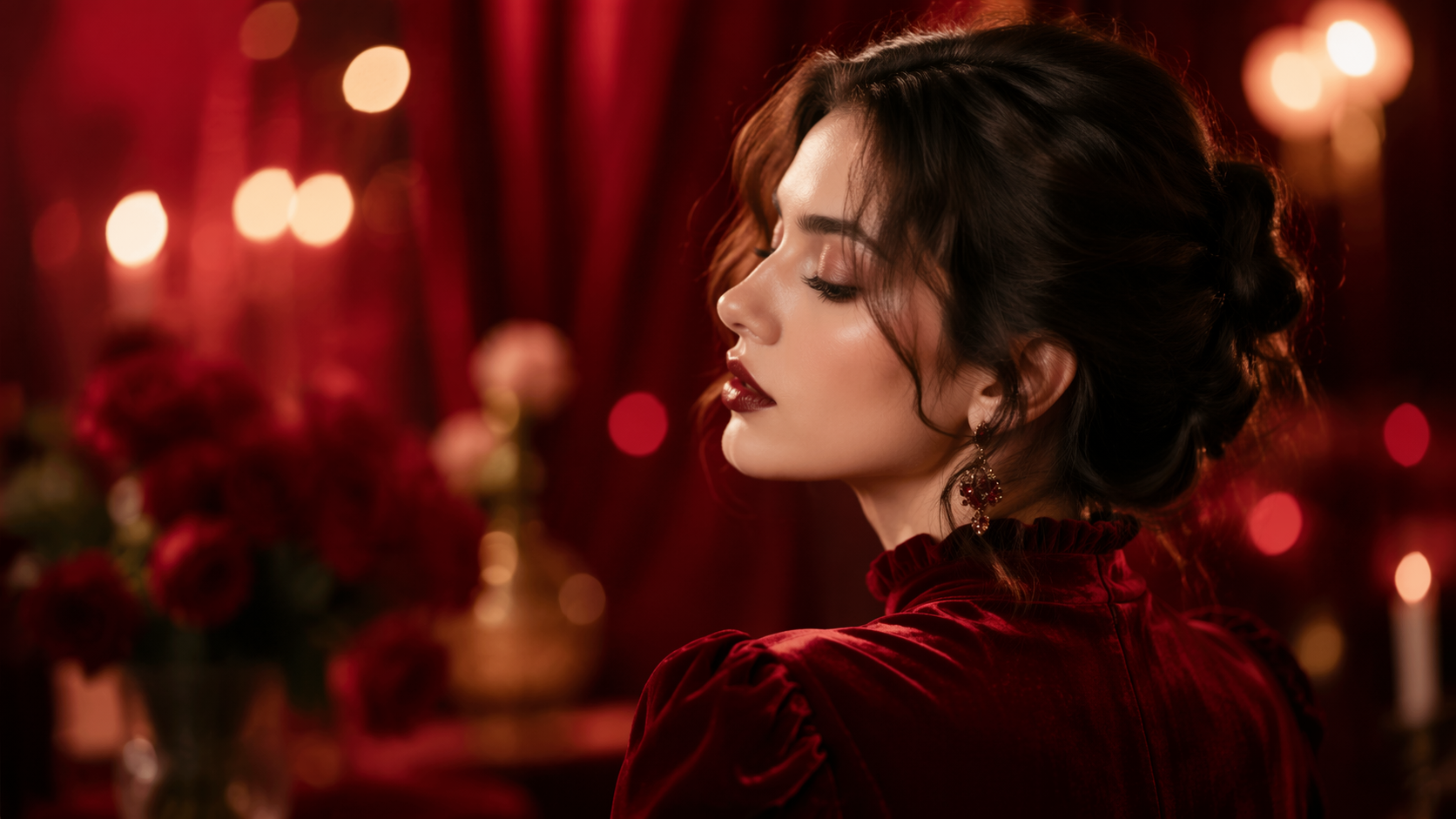 Dreamina Red Velvet Filter prompt example 6: Soft Bokeh Red Profile
