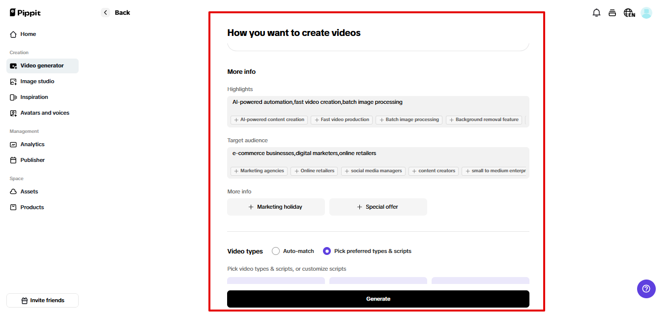 Configuring video settings in Pippit