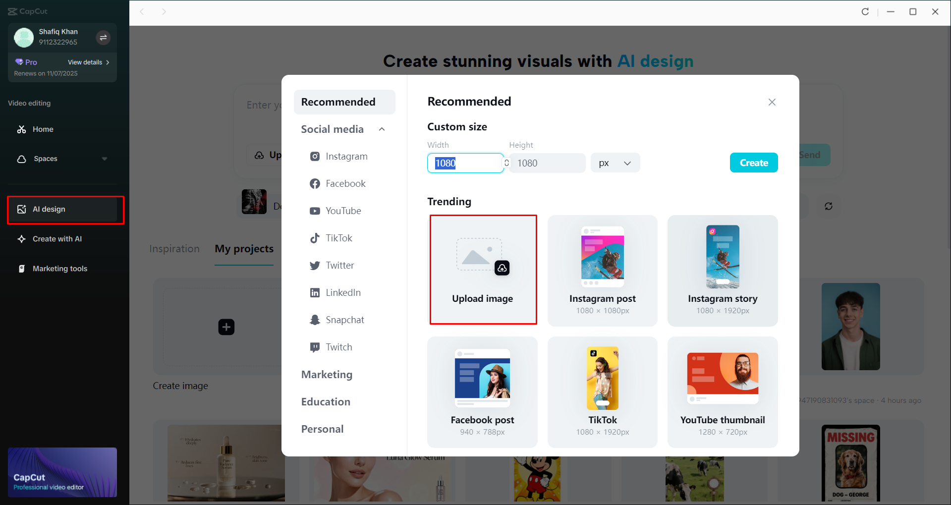 Uploading an image to the CapCut desktop video editor