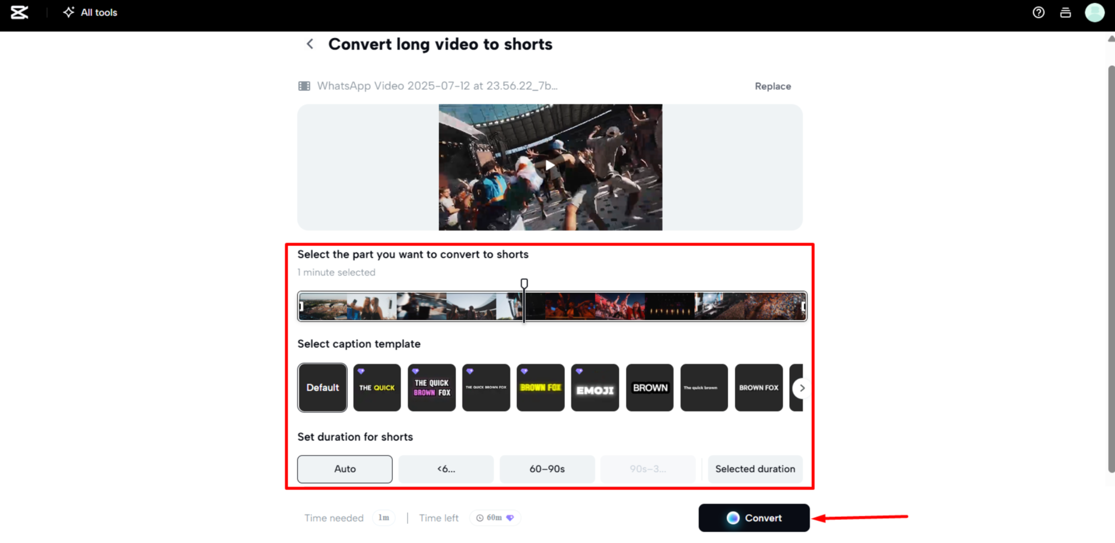 การเลือกส่วนเฉพาะของวิดีโอสำหรับ Shorts ใน CapCut Web