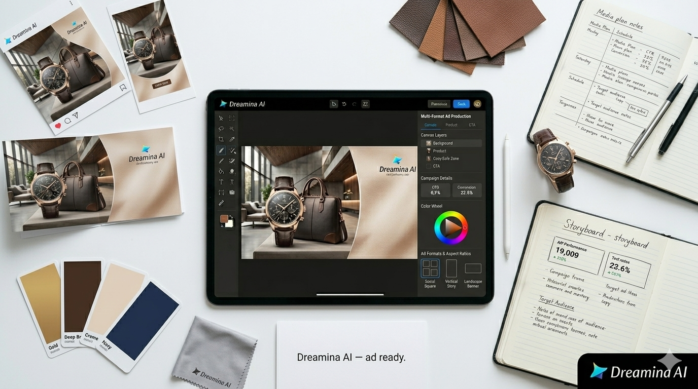 Dreamina AI generuje komercyjną grafikę reklamową z wizualizacjami spójnymi z marką, kinowym oświetleniem i wielowarstwową edycją płótna dla obrazów bohaterów kampanii.