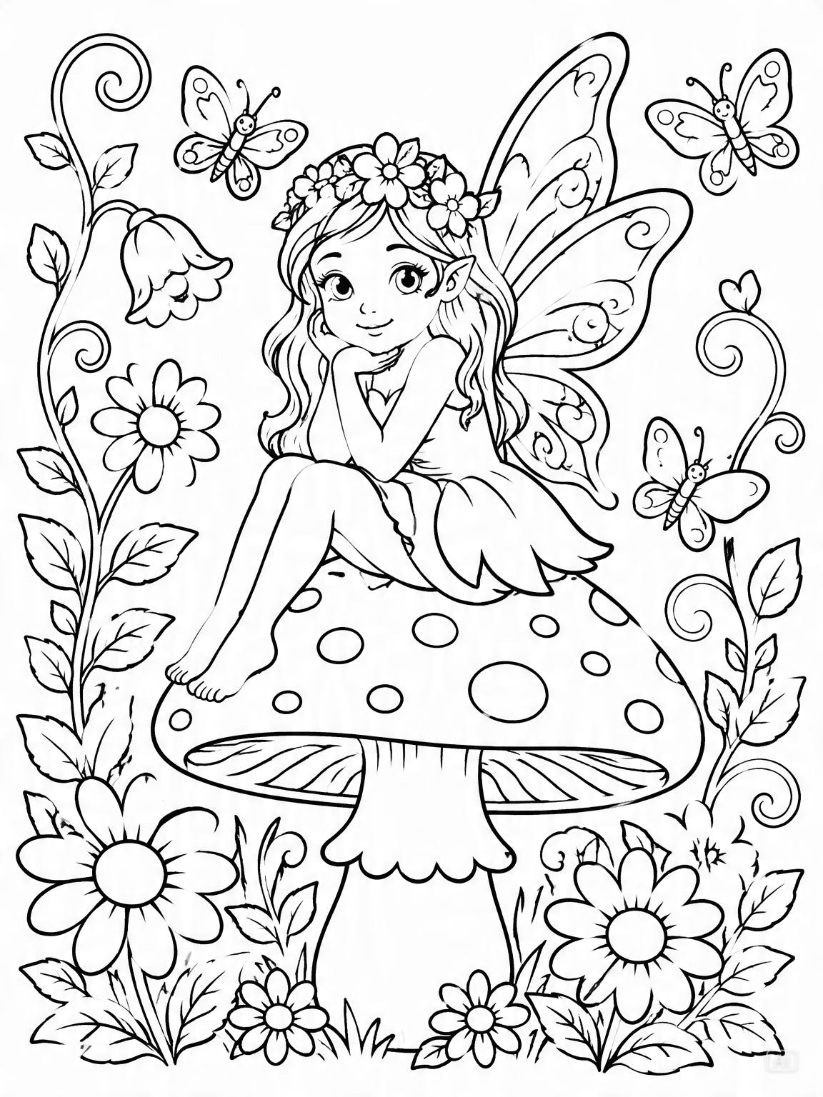 Garden fairy coloring page generated by Pippit