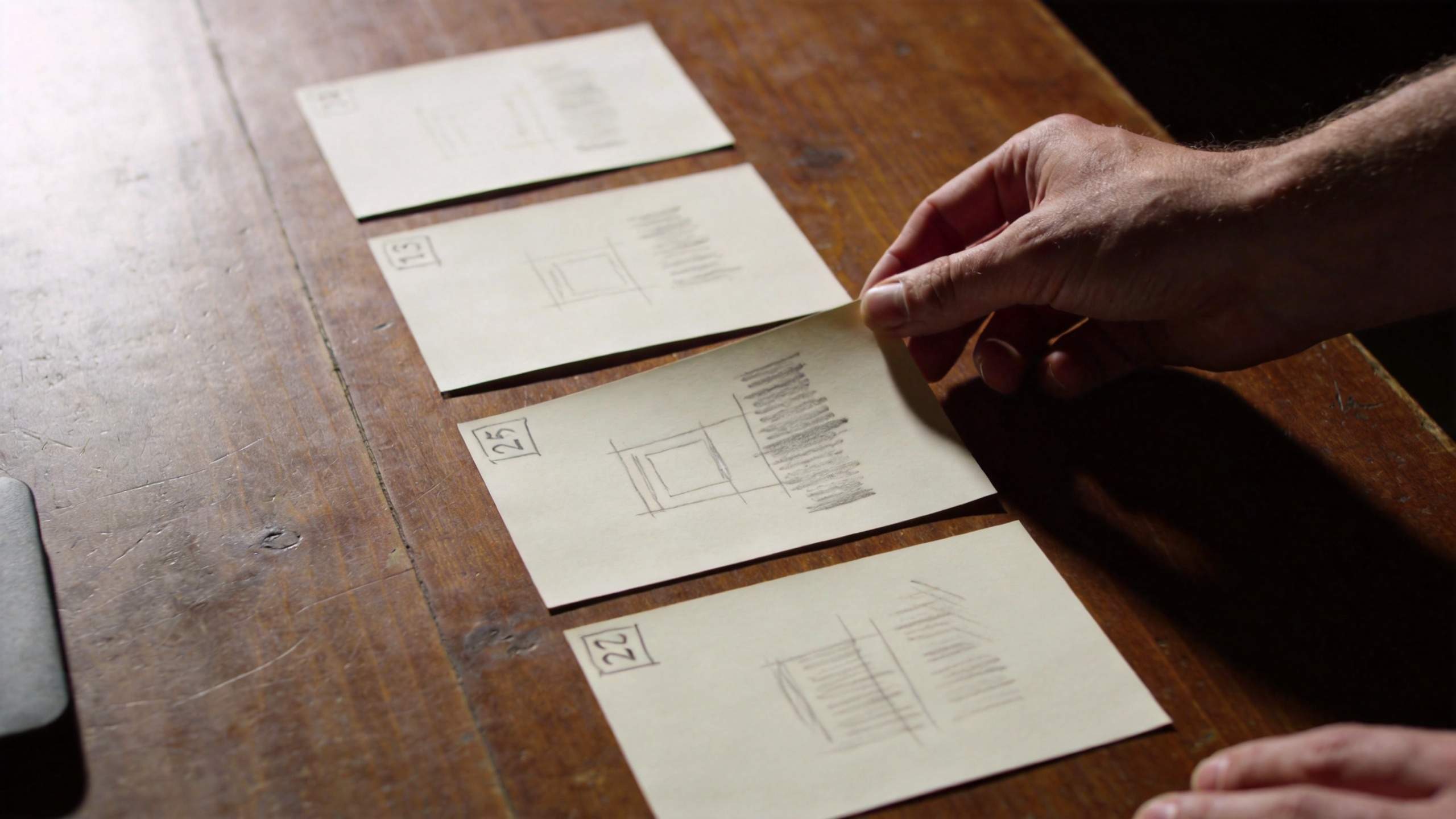 Hand arranges numbered storyboard cards on a wooden table