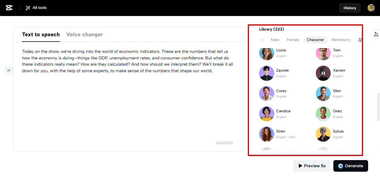 CapCut Web TTS voice library