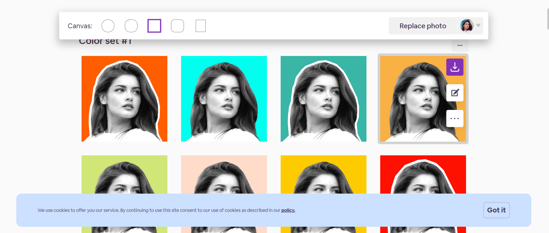 Interfață Picofme.io care prezintă avatare generate de AI cu mai multe opțiuni de stil pentru social media sau profiluri de jocuri