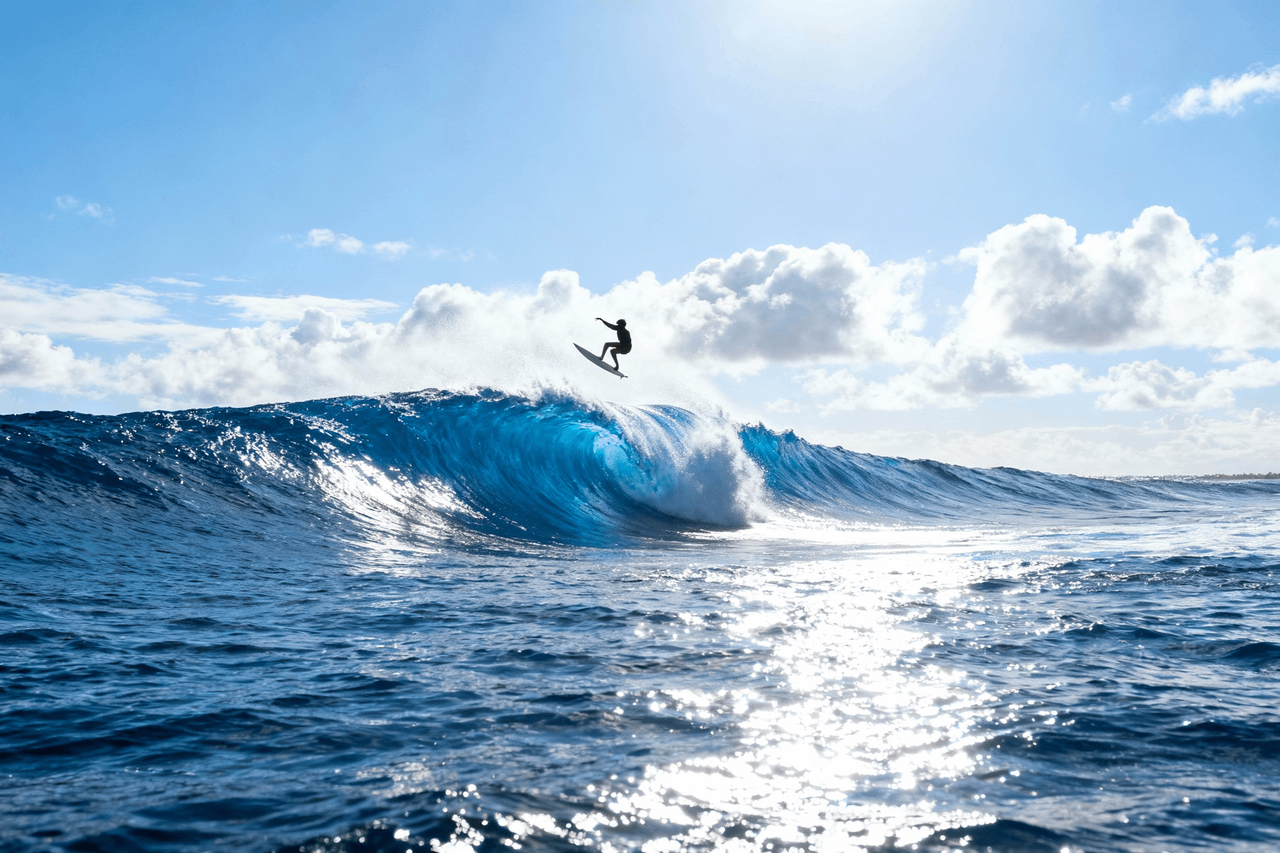 A lone surfer riding a massive wave