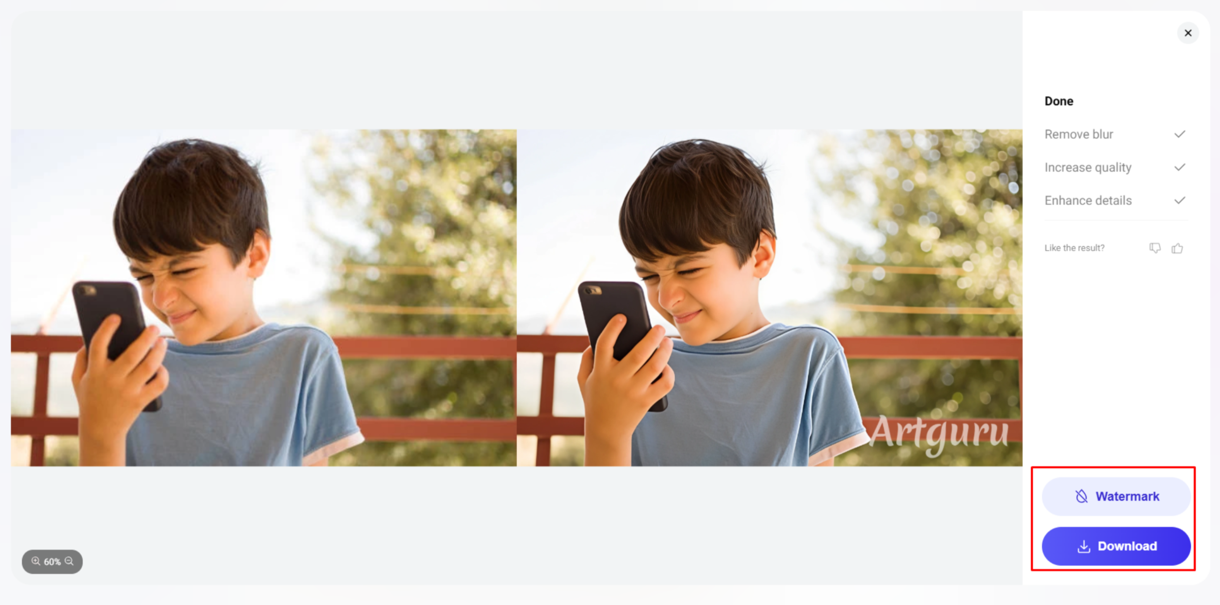 Downloading the enhanced image from ArtGuru