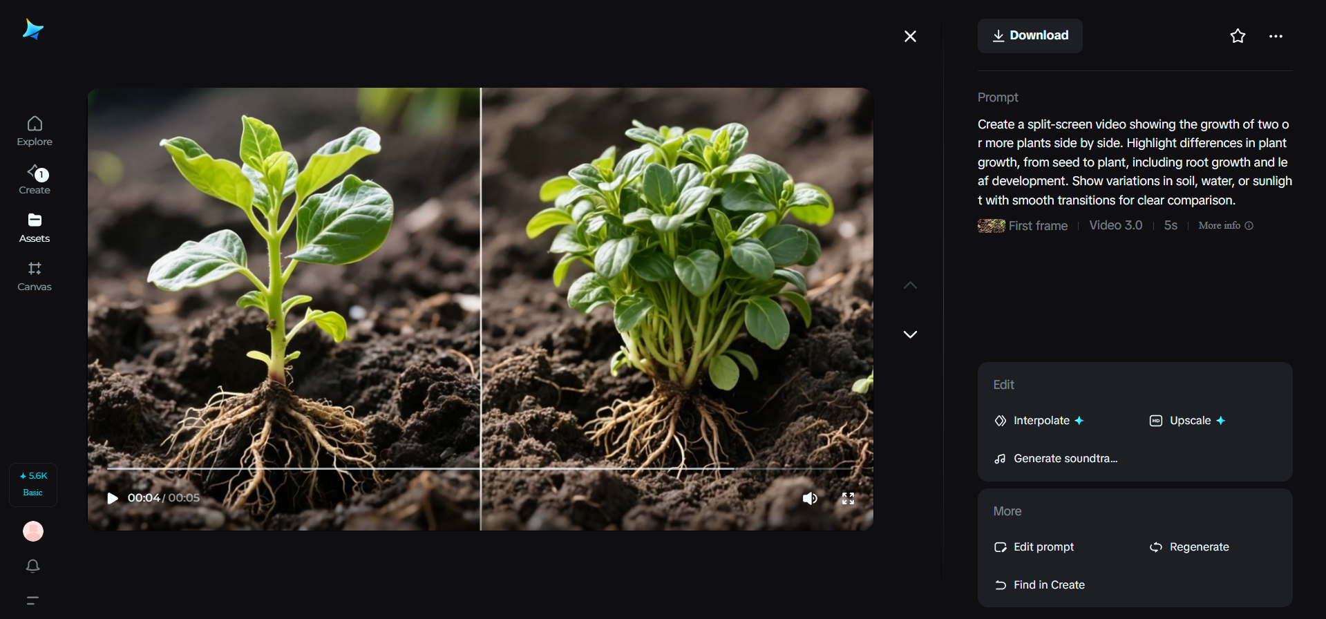 Split-screen plant growth comparisons in Dreamina