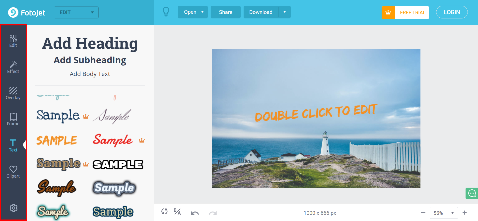 Schnittstelle von FotoJet - einem Online-Programm zum Schreiben von Text auf Fotos