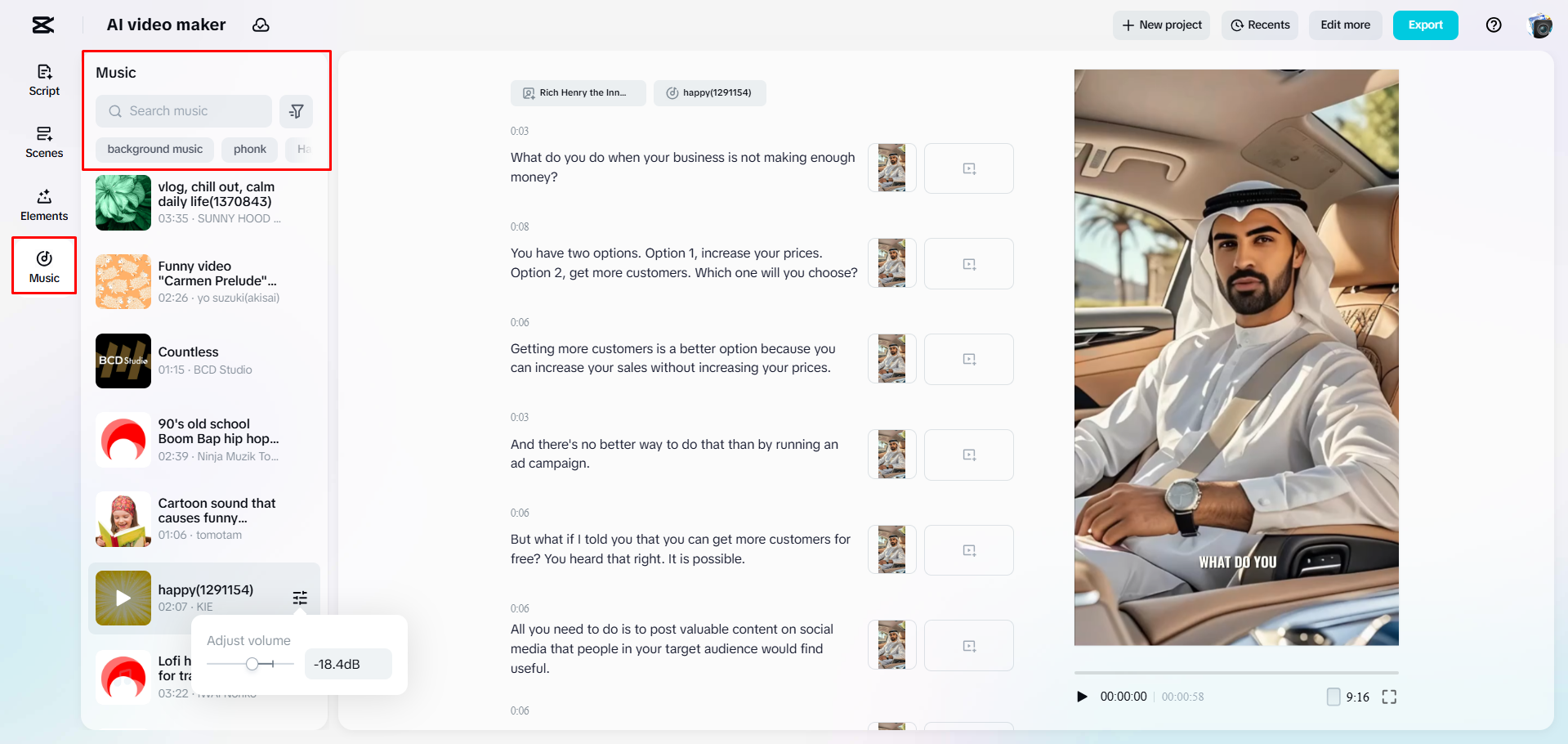 Adding background music to a video with CapCut Web