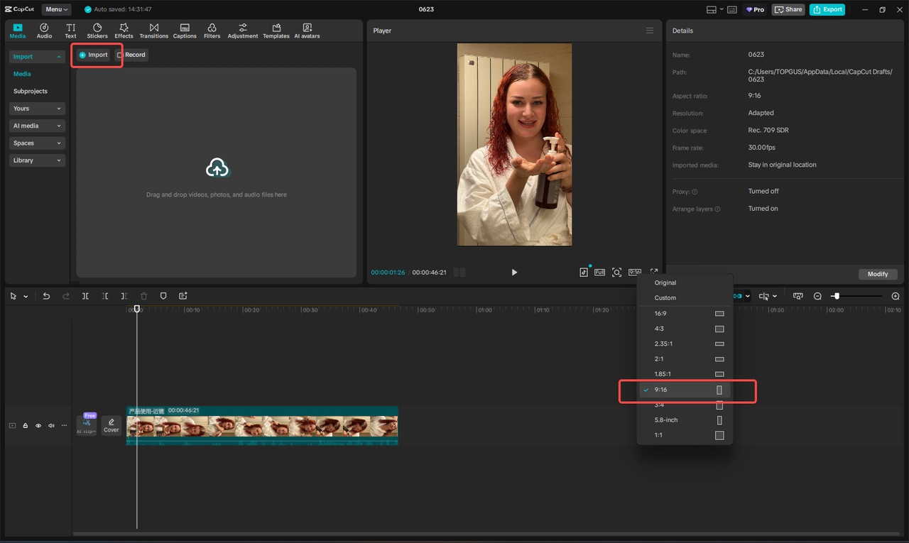 Importing the media into CapCut