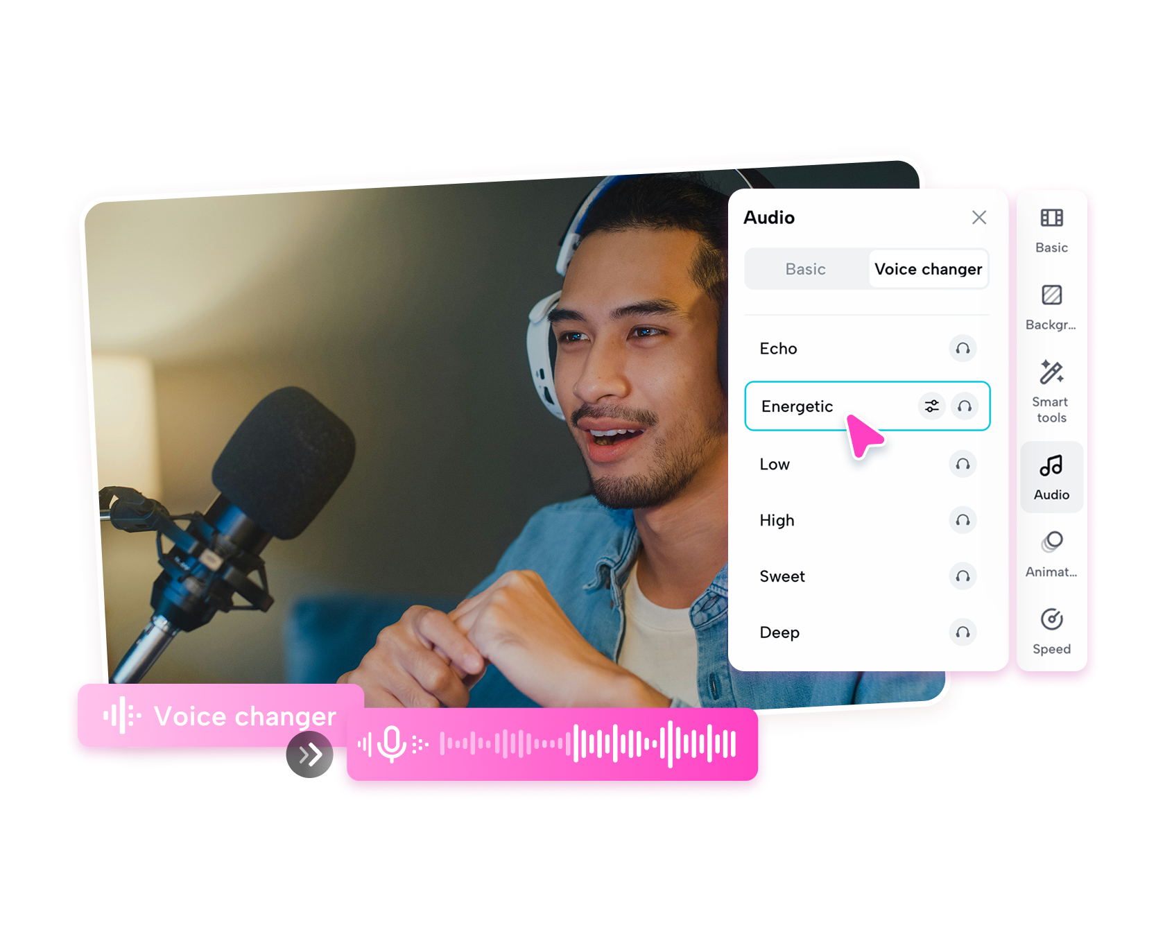 Pippit AI Avatar selection screen with various voice options and language settings highlighted, emphasizing natural tone and emotion