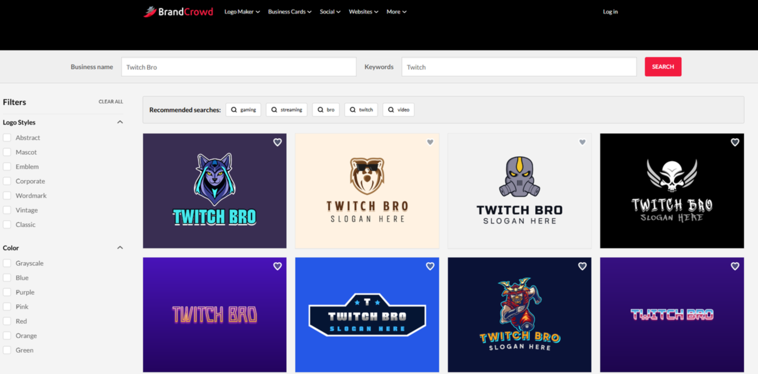 Interface of BrandCrowd - another free Twitch banner maker