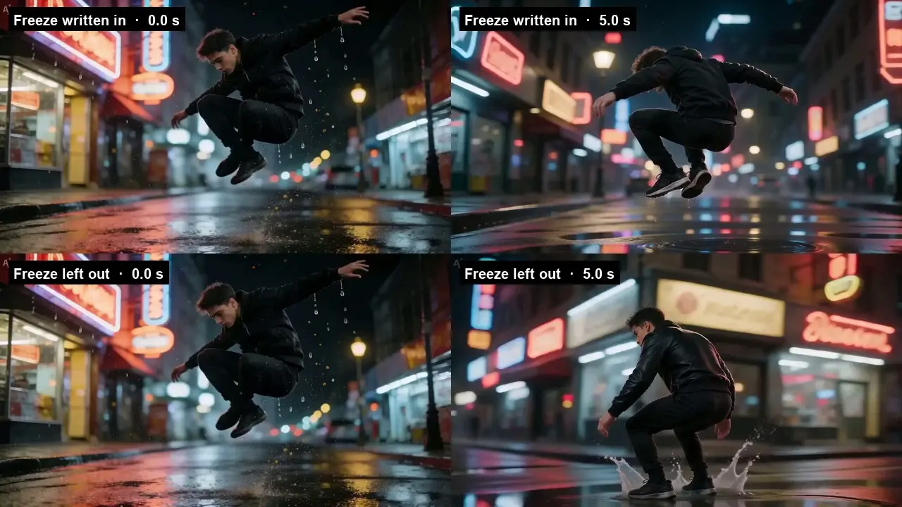 Four-panel comparison of a man jumping on a wet neon-lit street, showing freeze timing changes