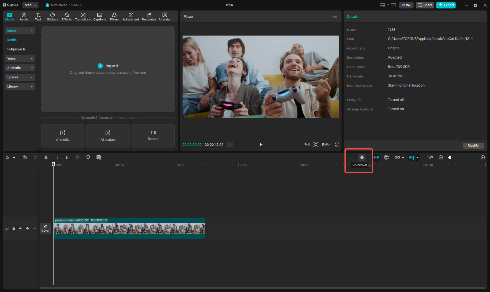Open the voiceover tool in CapCut