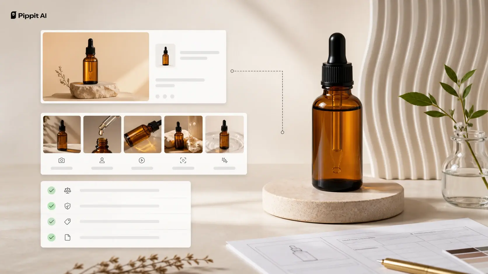 Amber dropper bottle on a pedestal beside a product-video editing mockup and thumbnail gallery