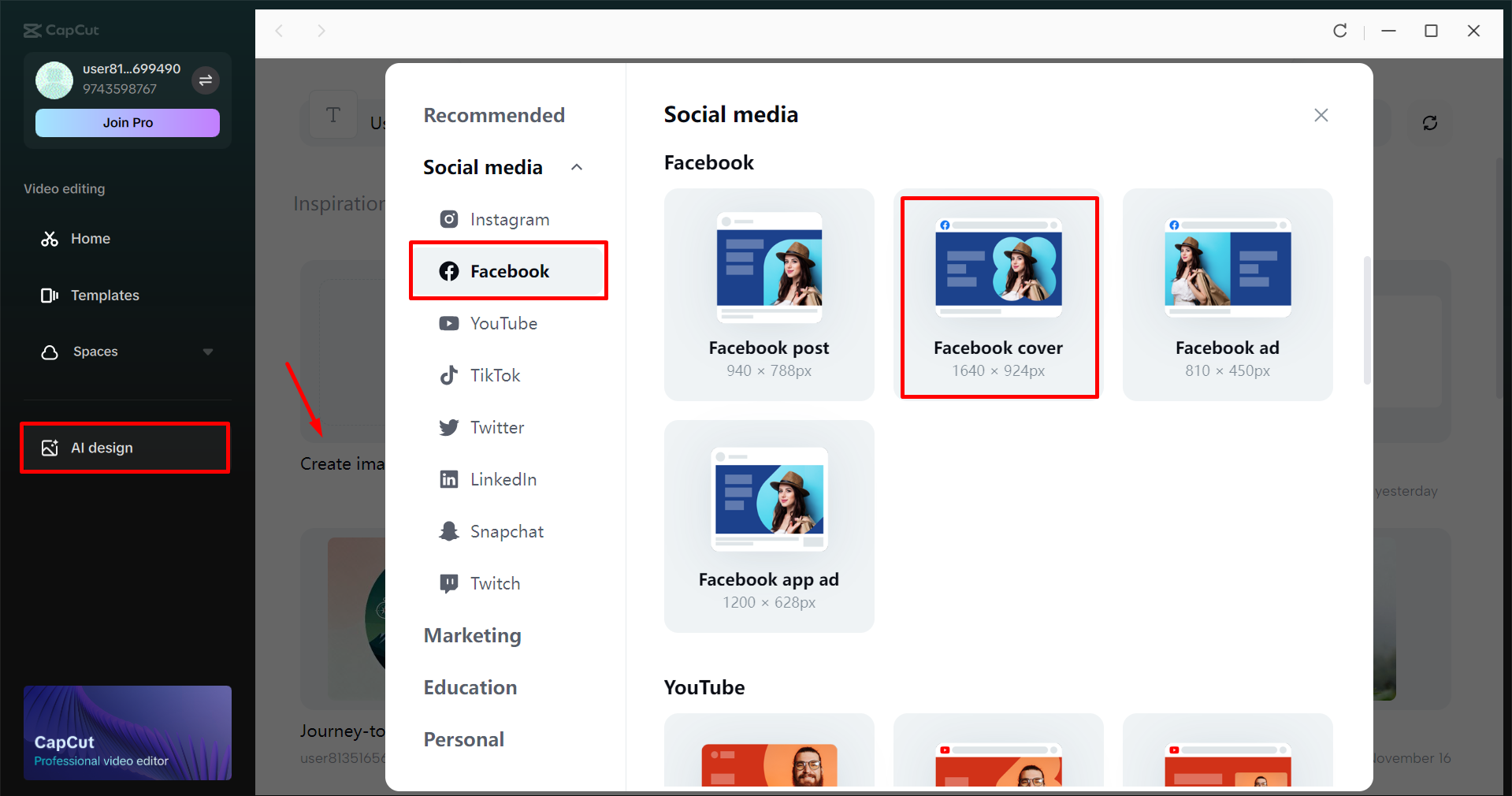 Accessing AI design tool in the CapCut desktop video editor