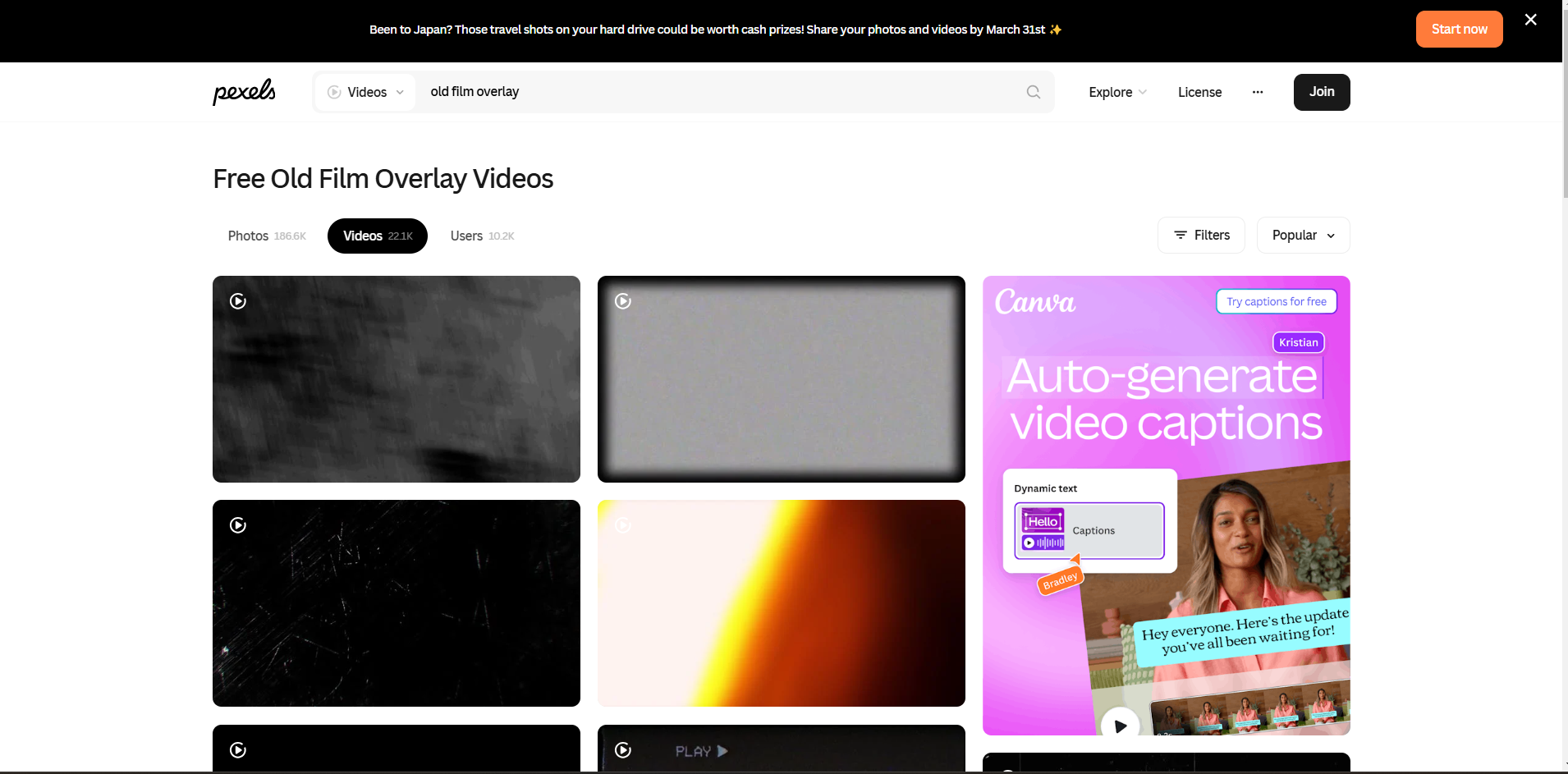 Interface of Pexels - a free online resource for 8mm film overlay PNG