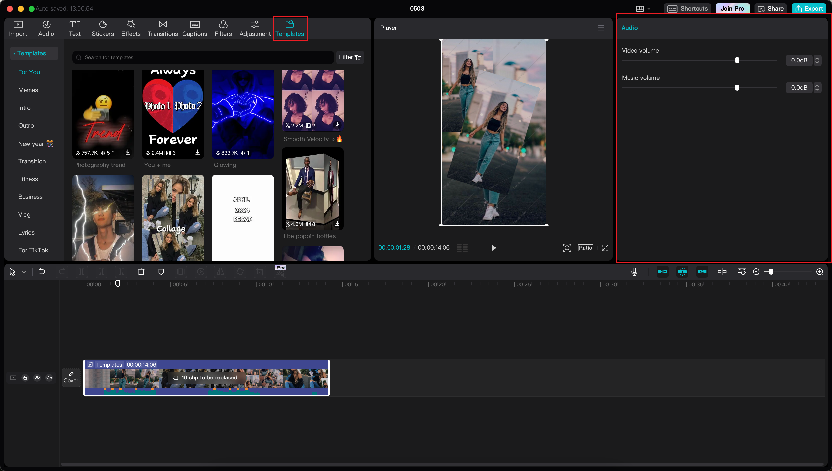 CapCut интерфейс для редактирования видео с шаблонами
