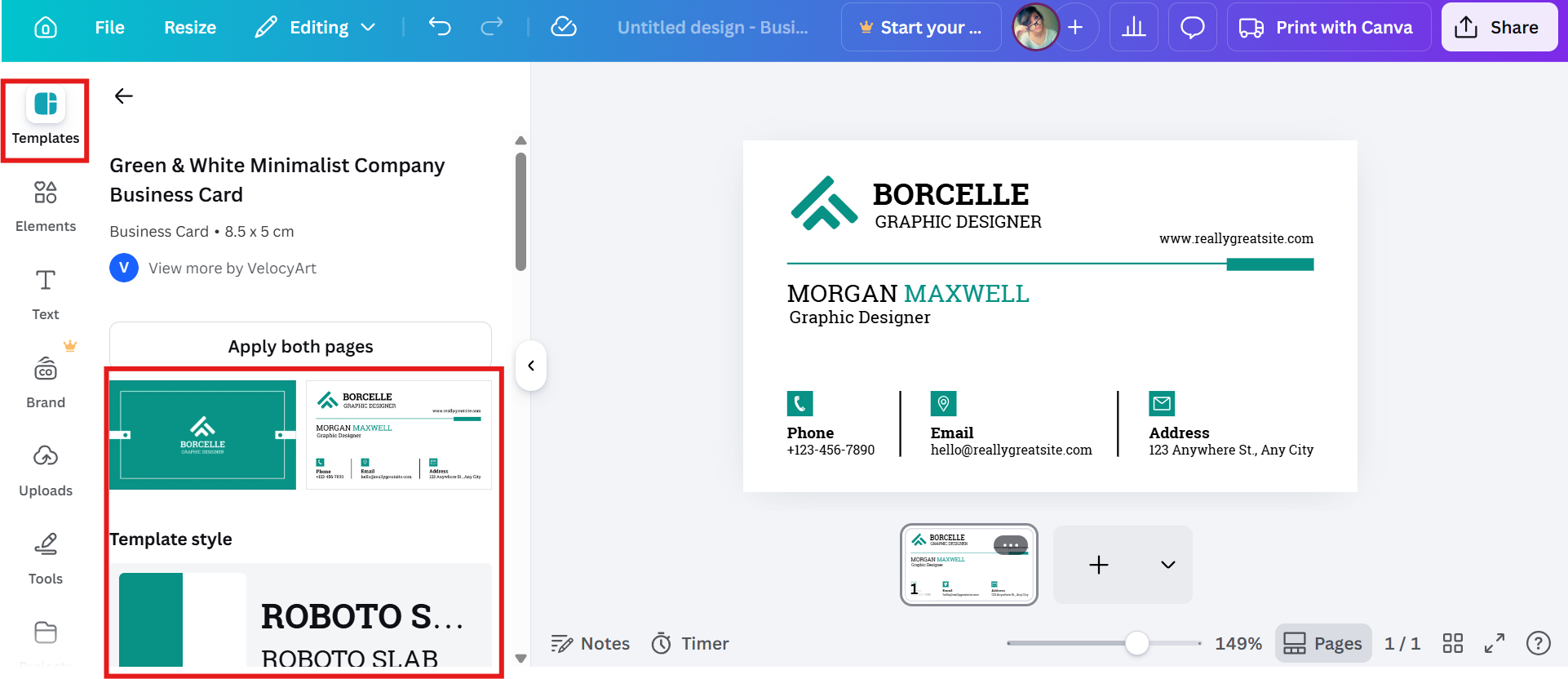 Choose a business card template with Canva