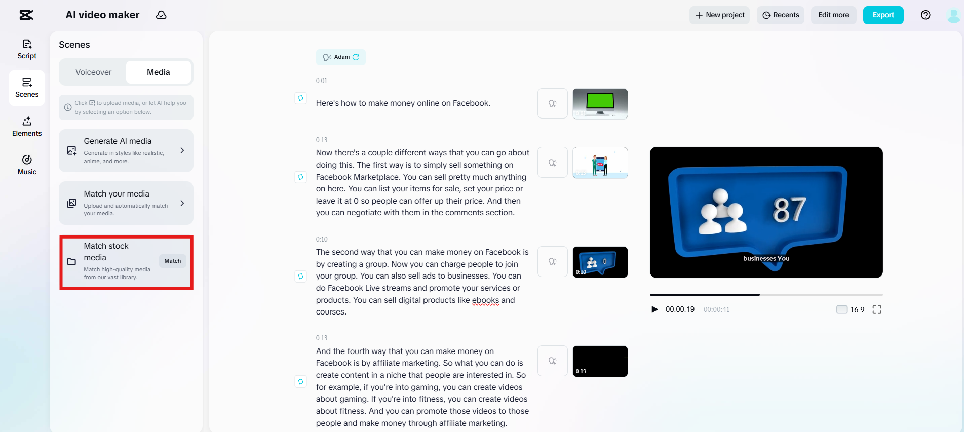 Match media to script in one click