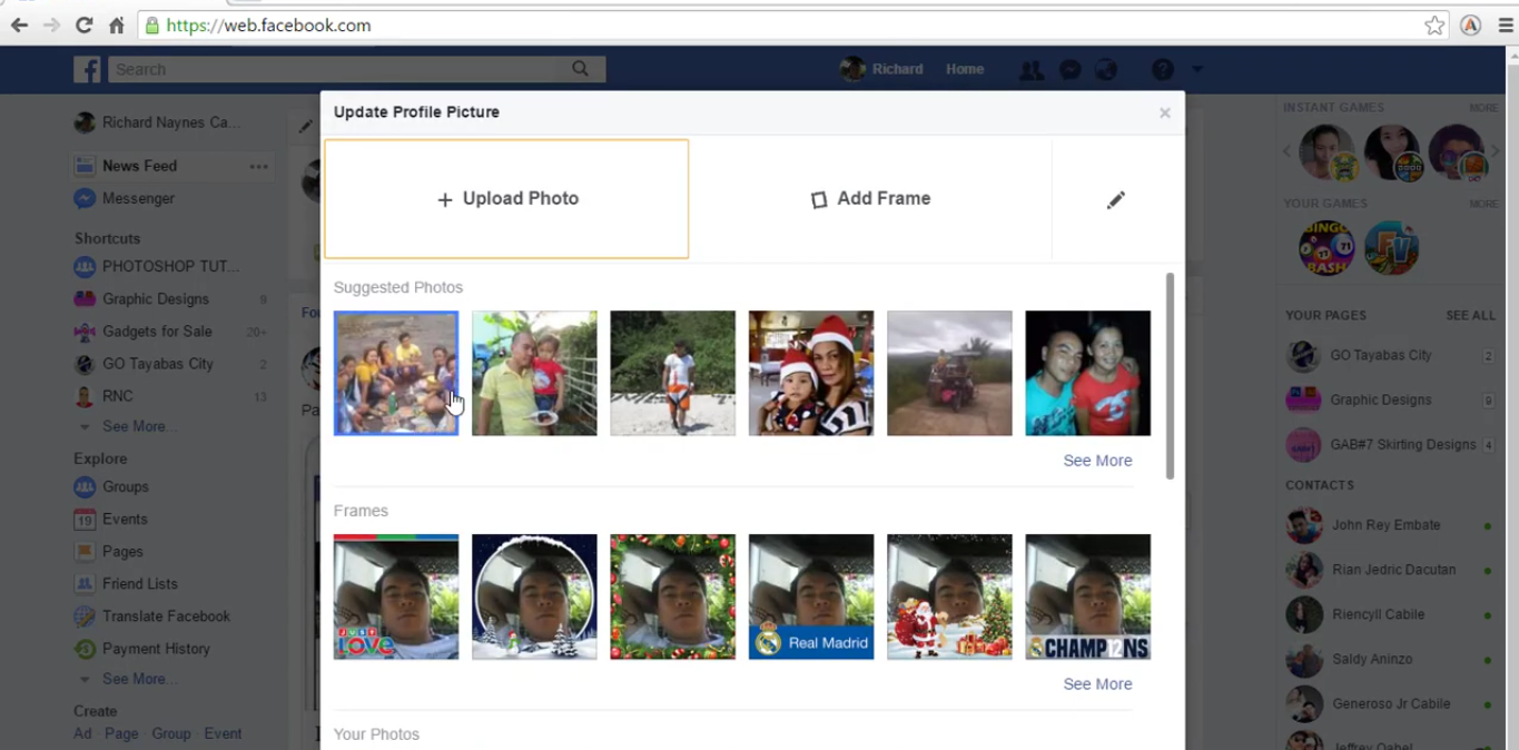 An interface showing how to change the profile picture on Facebook on a web browser