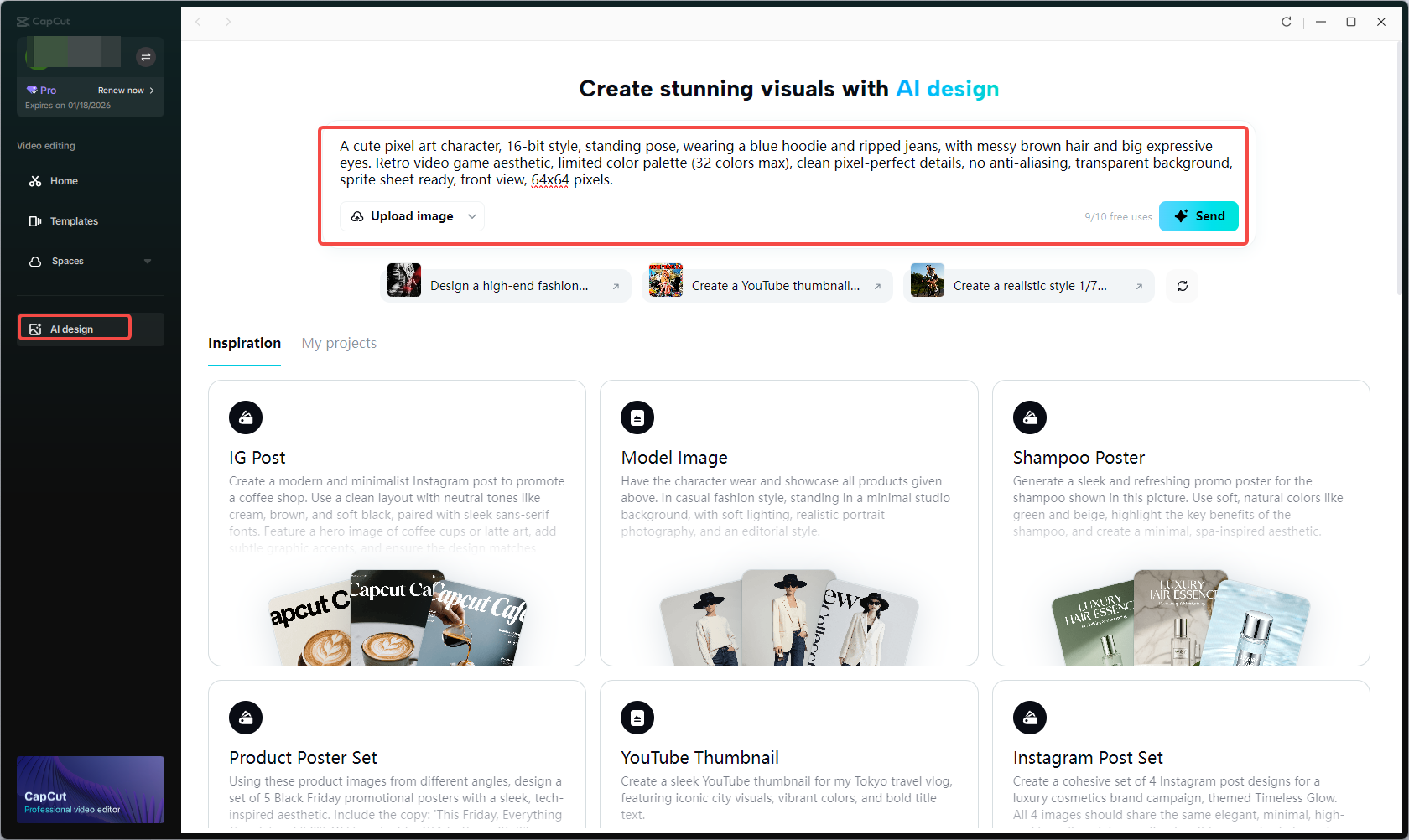 Accessing the AI design feature in CapCut