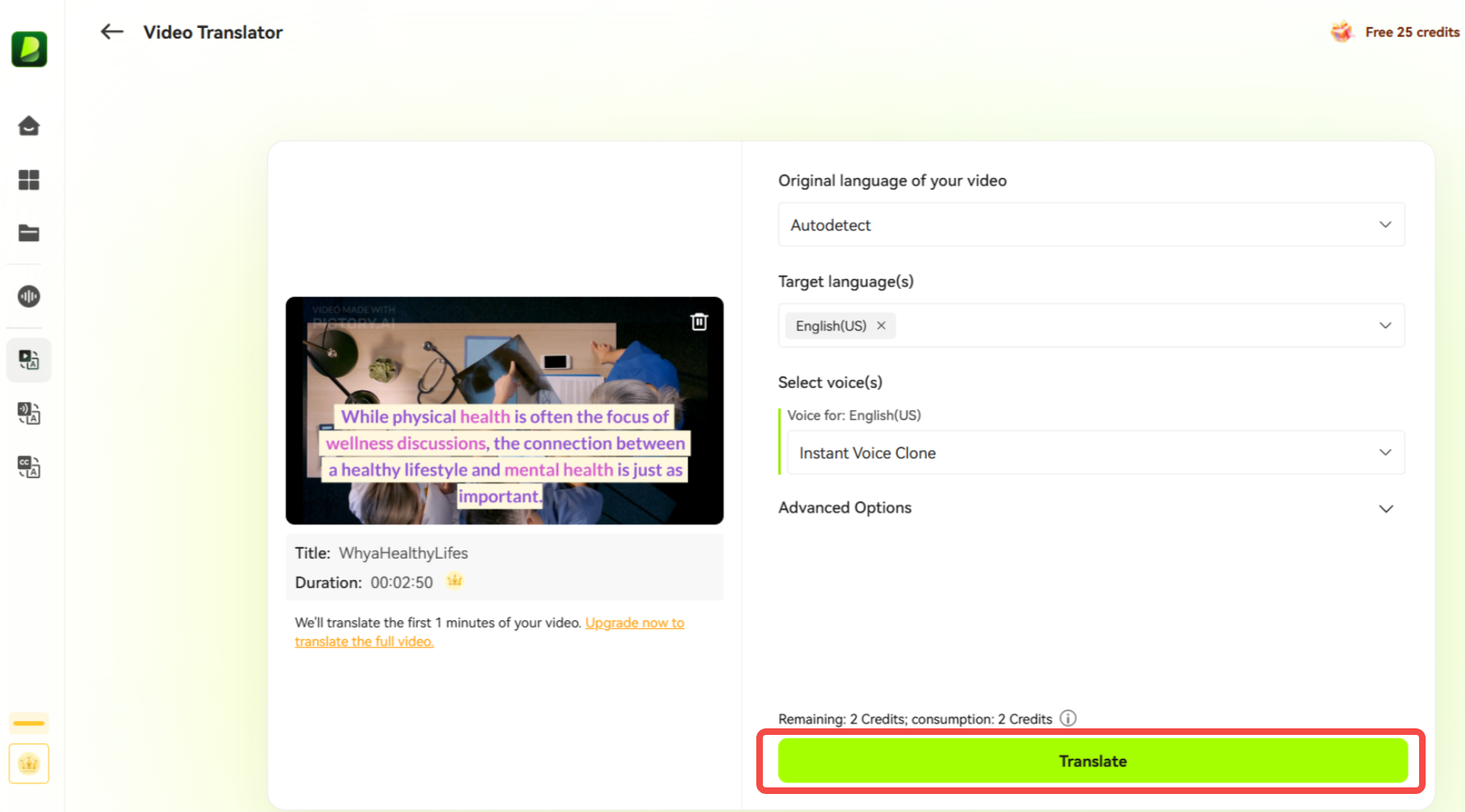 Generate and compare original vs. translated video in BlipCut interface