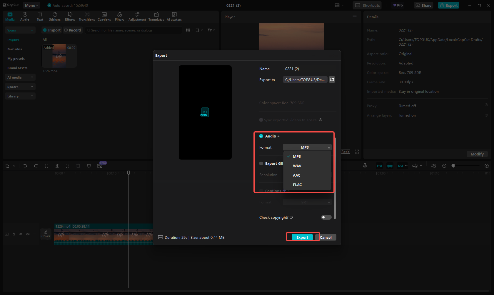 Export the audio