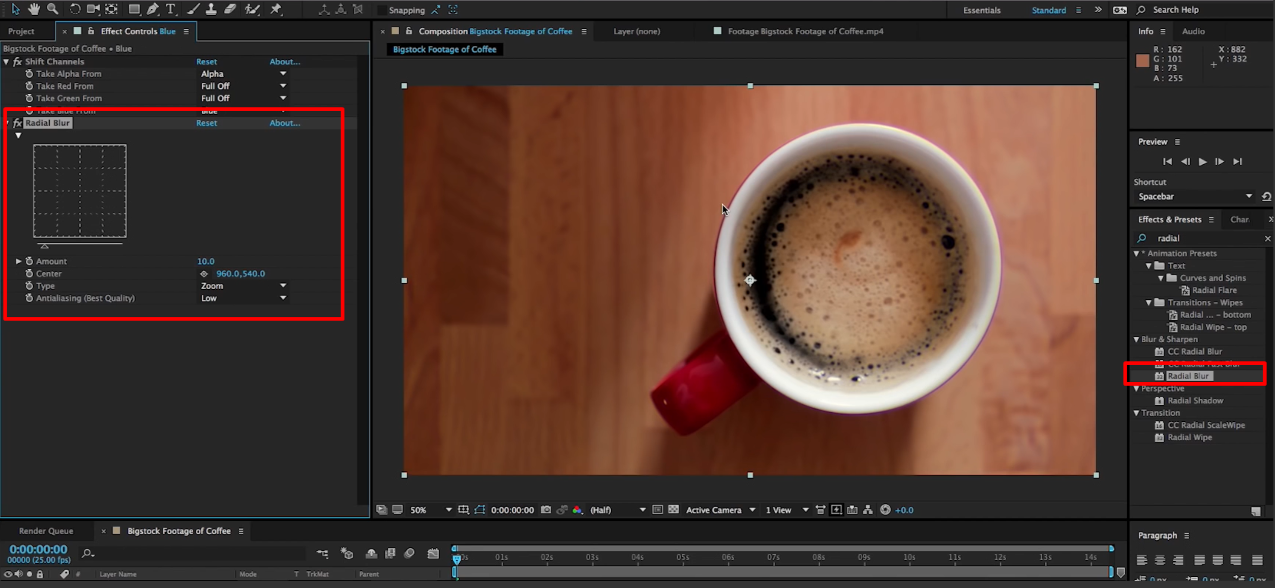 Adding radial blur to the blue layer to create vintage effects in After Effects