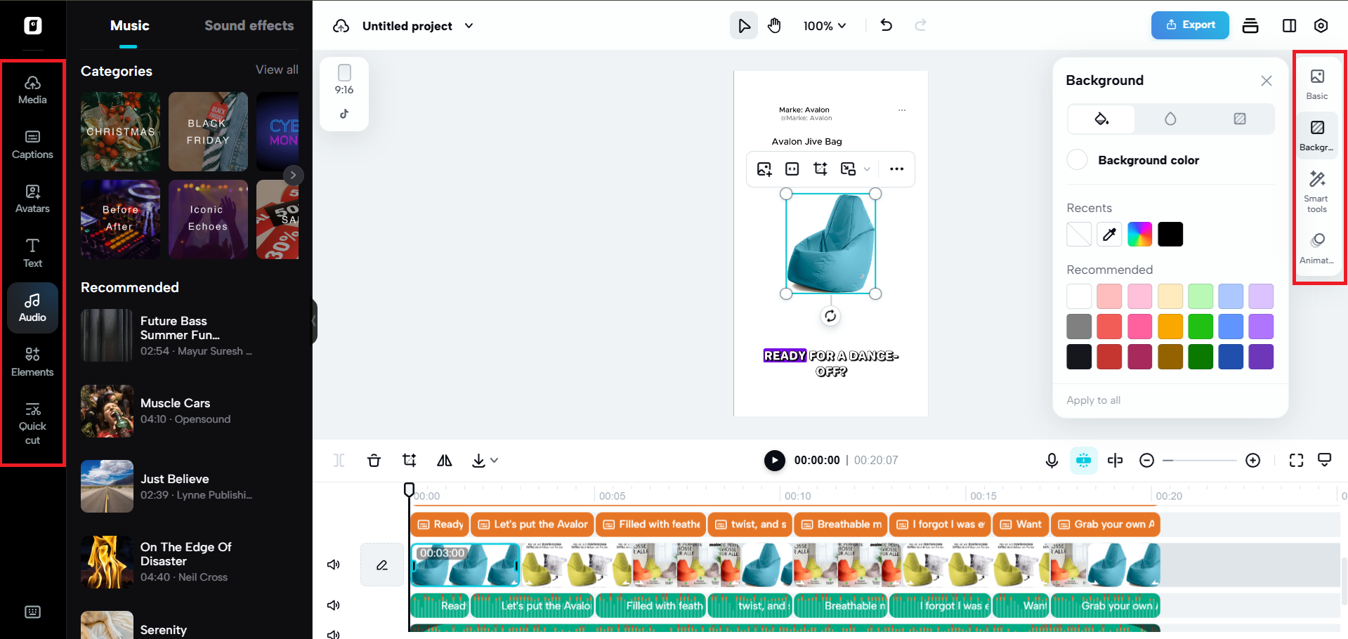 Editing options on either side of the canvas