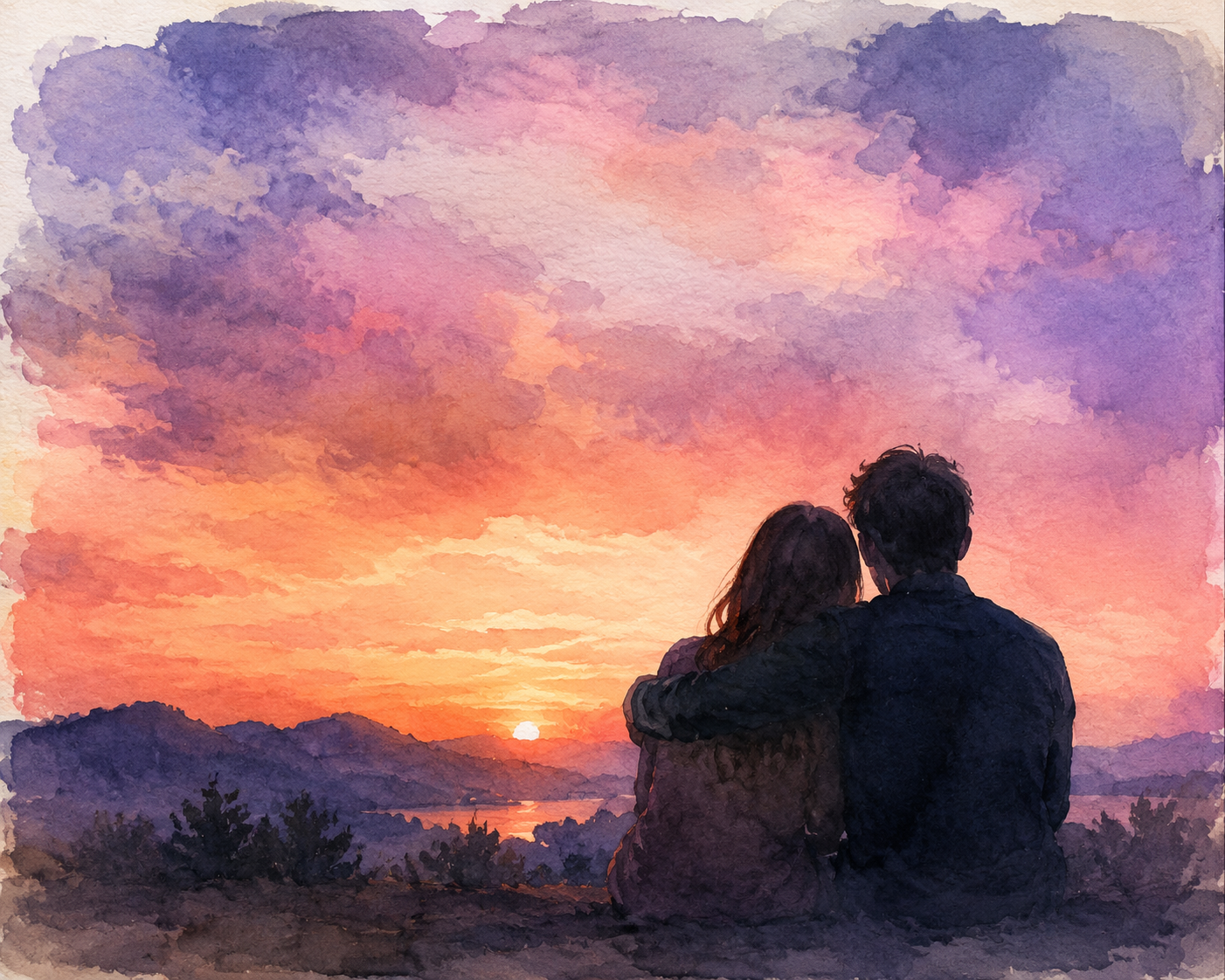 Exemple d'invite de photo de couple d'aquarelle Dreamina 4 : Lavage du ciel romantique