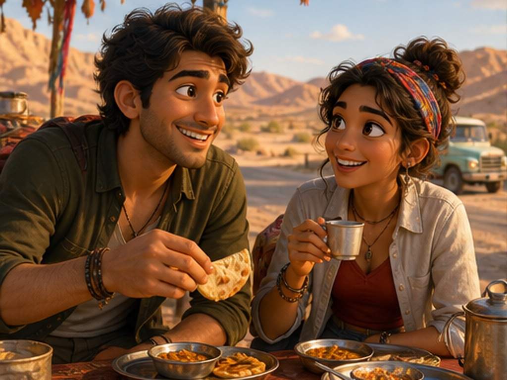 Motu Patlu Tour AI Video Eingabeaufforderung Beispiel 4 - Desert food stop