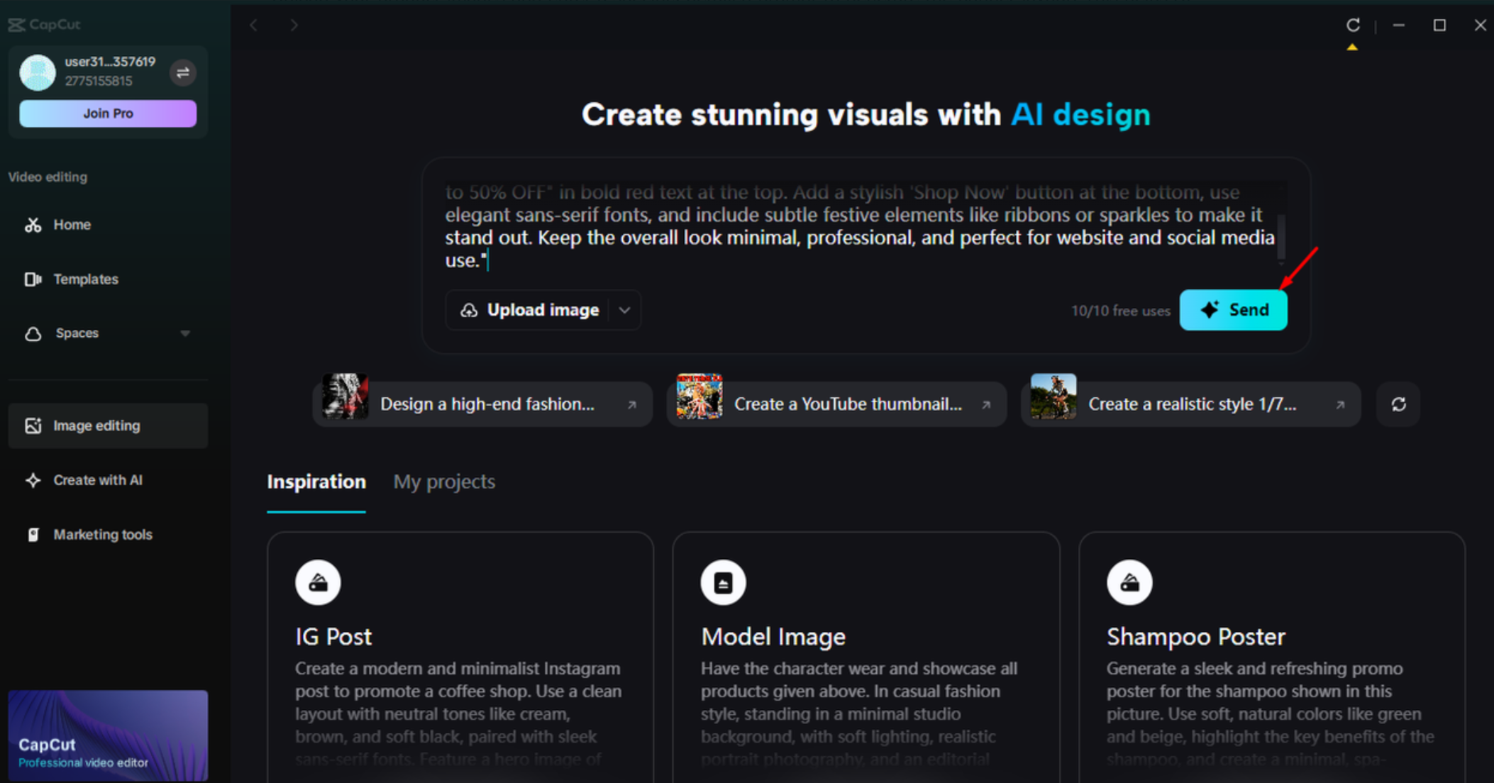 Giving a prompt to generate a banner for sale in the CapCut desktop video editor