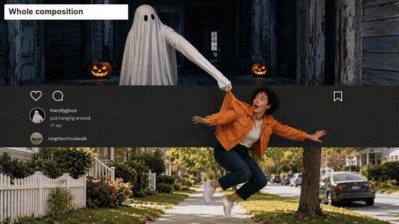 Review animation moving between the whole accepted still, the connected ghost arm, the jacket grip, and highlighted upper and lower photo boundaries.