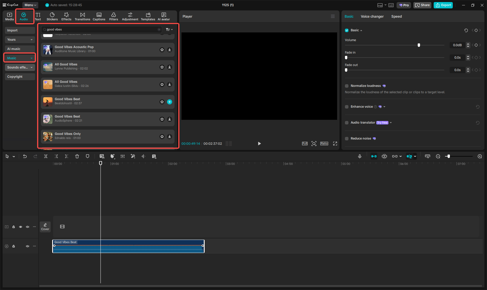 Search for and add the music to the CapCut timeline