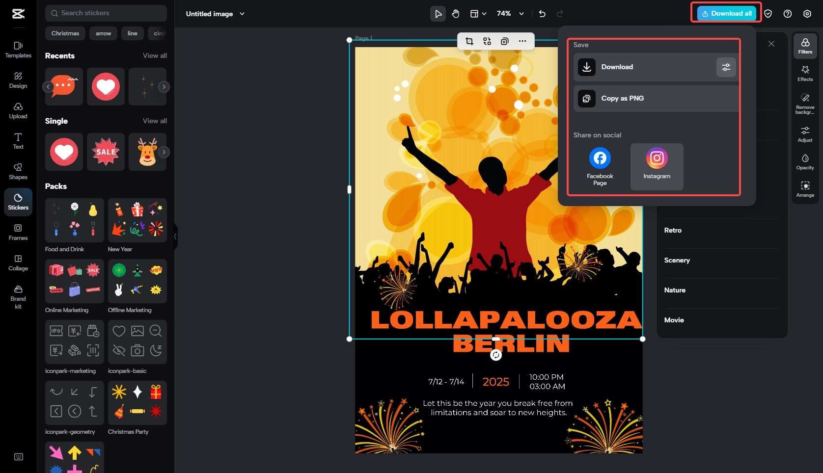 Downloading the music festival flyer in CapCut