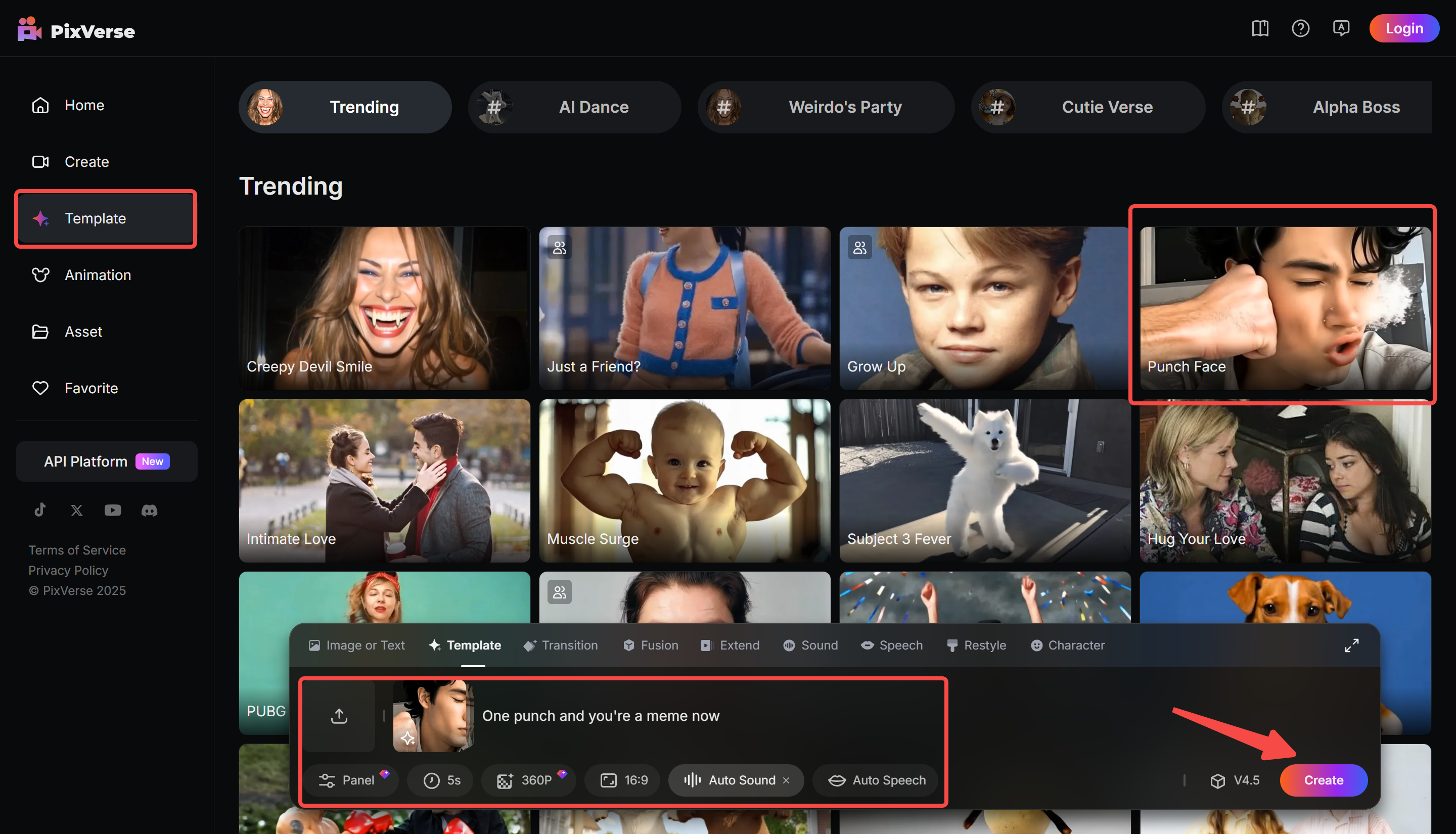 Imej menunjukkan cara menggunakan kesan muka tebuk pada PixVerse