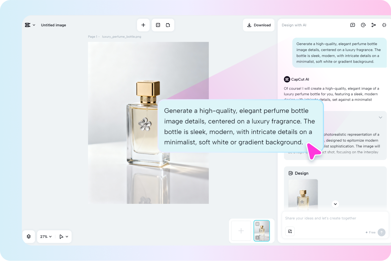 Enter a text prompt and upload a photo in CapCut's AI design tool