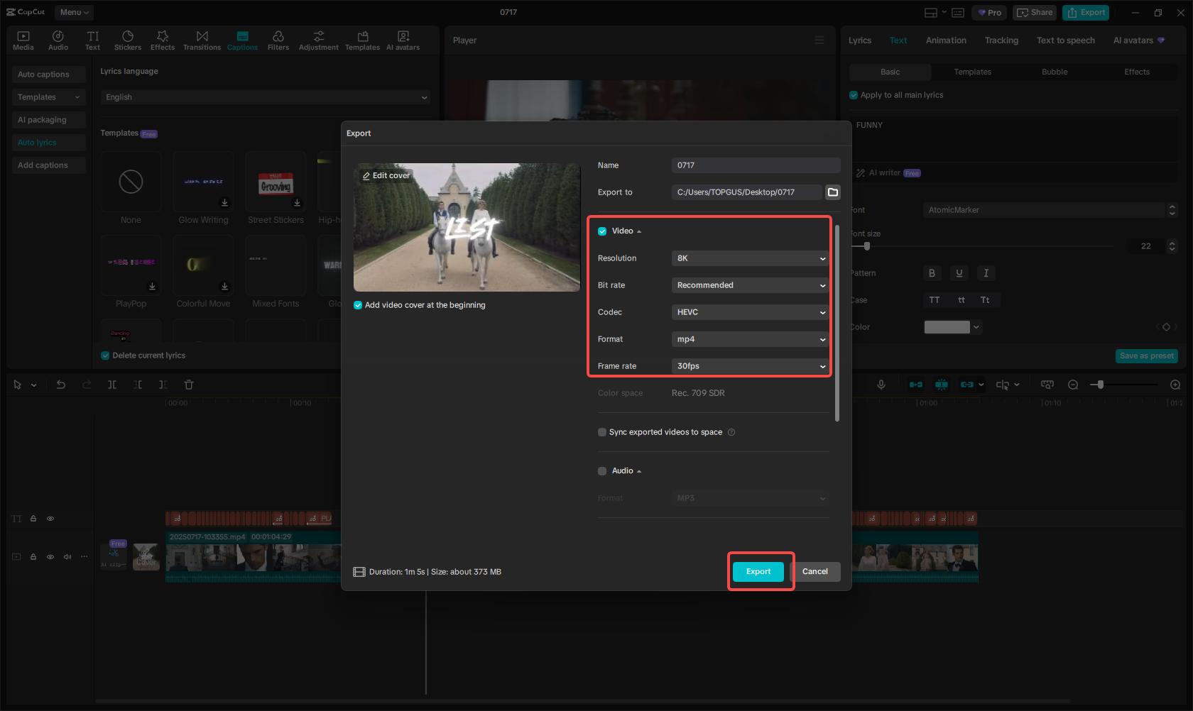 고화질로 카라오케 비디오를 내보내세요.