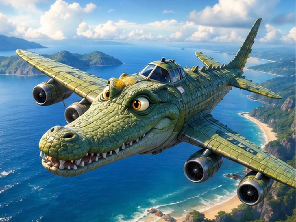 Bombardiro Crocodilo AI Video prompt example 1 - Coastal banking flight