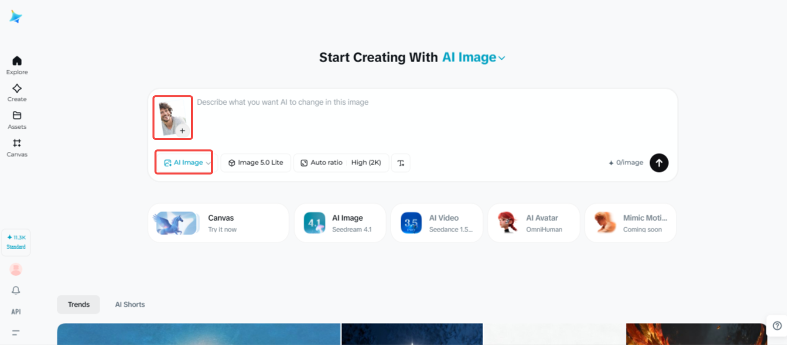 Accessing the "AI Image" feature in Dreamina