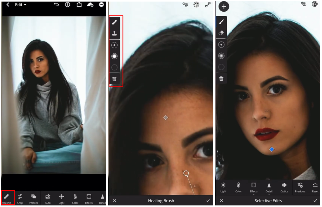 Image showing how to do red eye reduction in Lightroom mobile using the healing tool