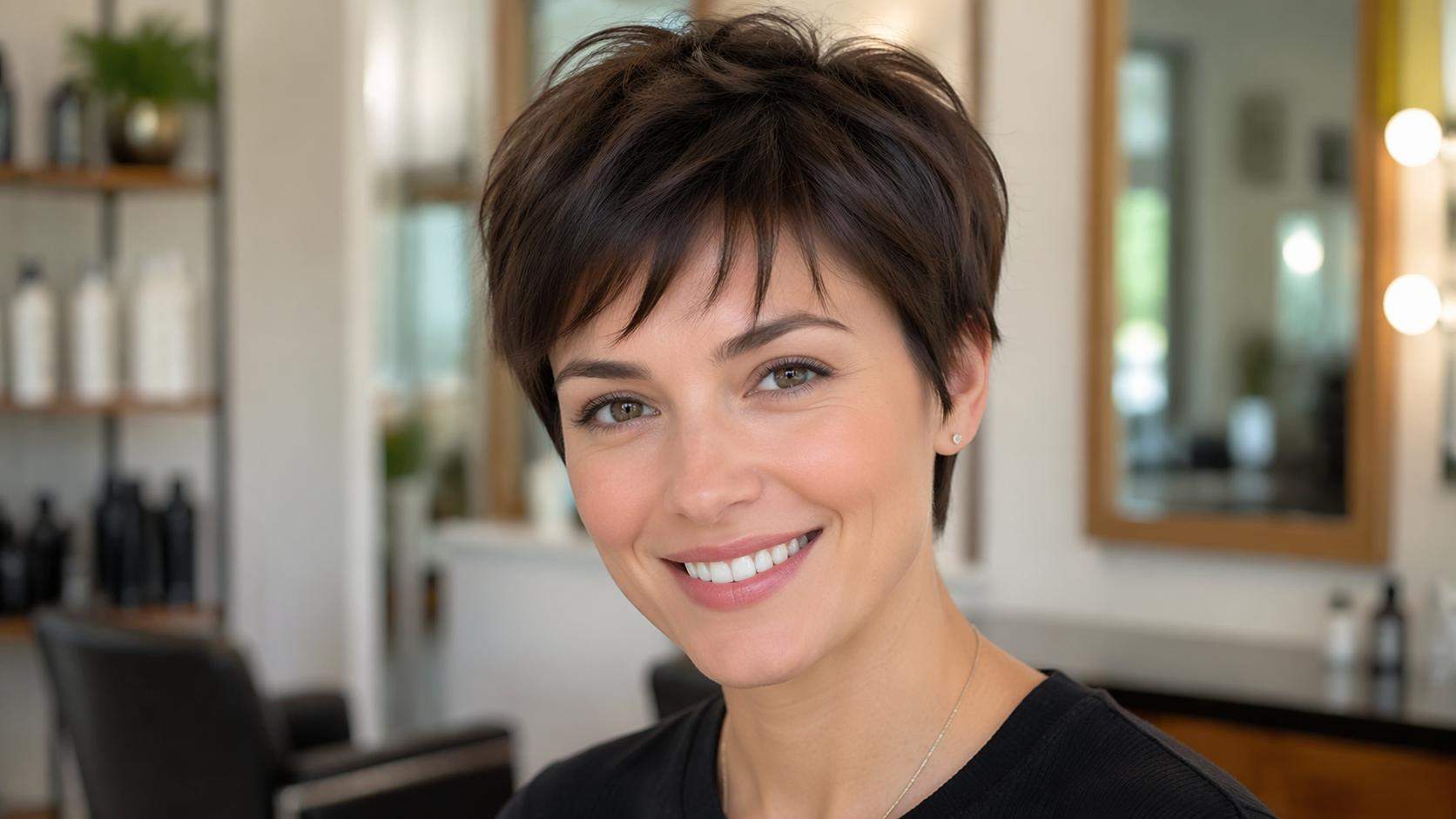 Dreamina pixie cut filter prompt example 6: Natural brunette pixie