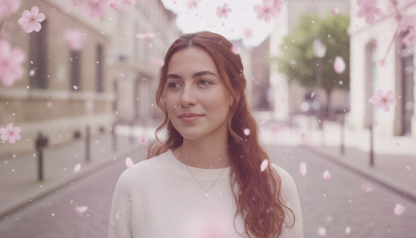 After (horizontal): sakura filter applied—petals with depth, soft pink warmth, dreamy bokeh, social-ready
